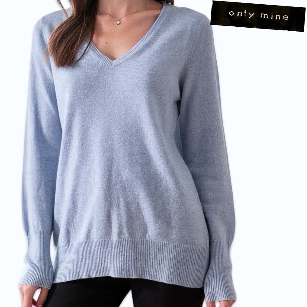 Only Mine Cashmere Sweater Womens Large Blue V Neck 2 Ply Quiet Luxury Cozy Soft
